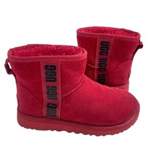 UGG Women's Classic Mini Side Logo Boots Red Suede Sheepskin Lined‎ Size 6